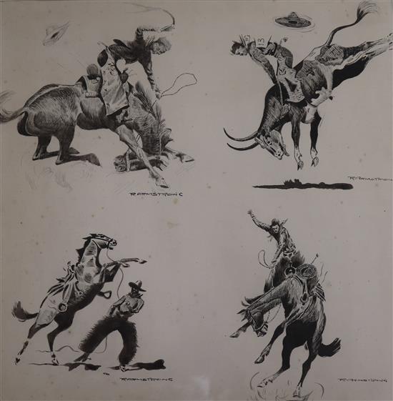 R. Armstrong, two pen and ink drawing, Rodeo scenes, signed, 35 x 35cm
